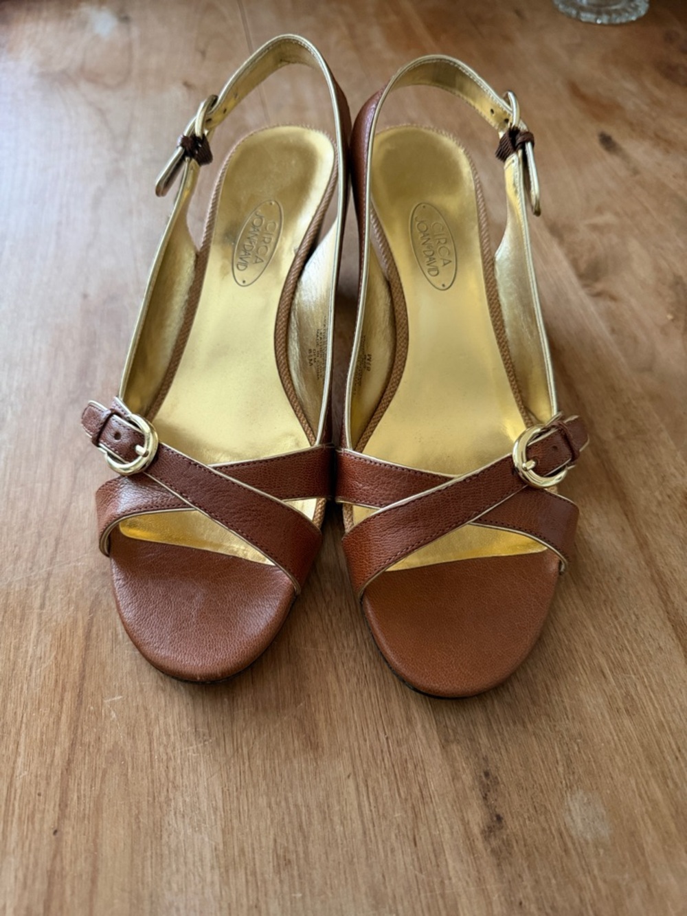 Vintage Joan & David Brown Leather Crisscross Slingback Heels with Gold Buckles